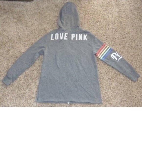 Womens Victorias Secret PINK Jacket Medium Zip Up Gray Logo Long Sleeve Hoodie - Picture 4 of 6